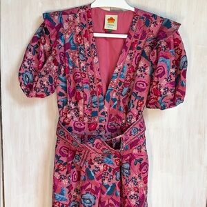 FARM Rio Pink Floral V-Neck Puff Sleeve romper with Belt